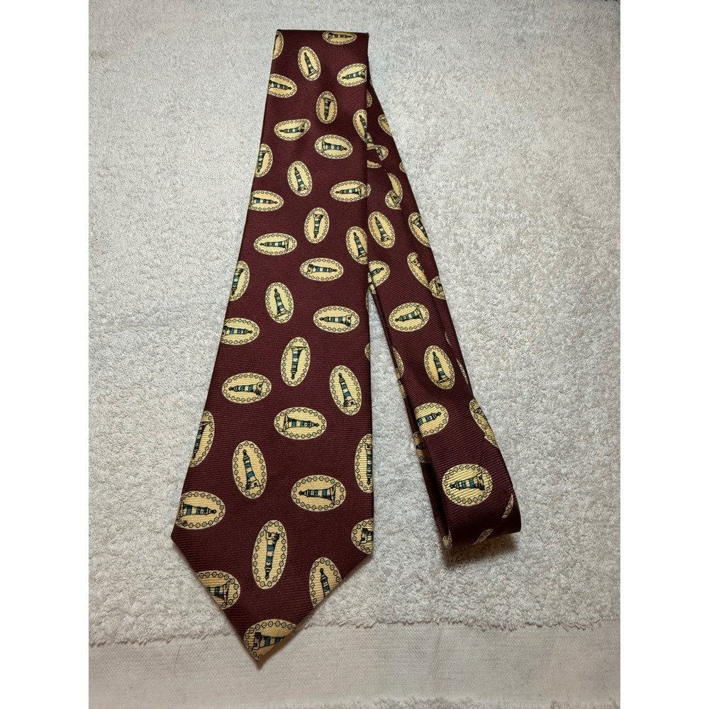 Burberrys of London Mens Silk Tie Burgundy Lighthouse Nautical Hand Sewn USA